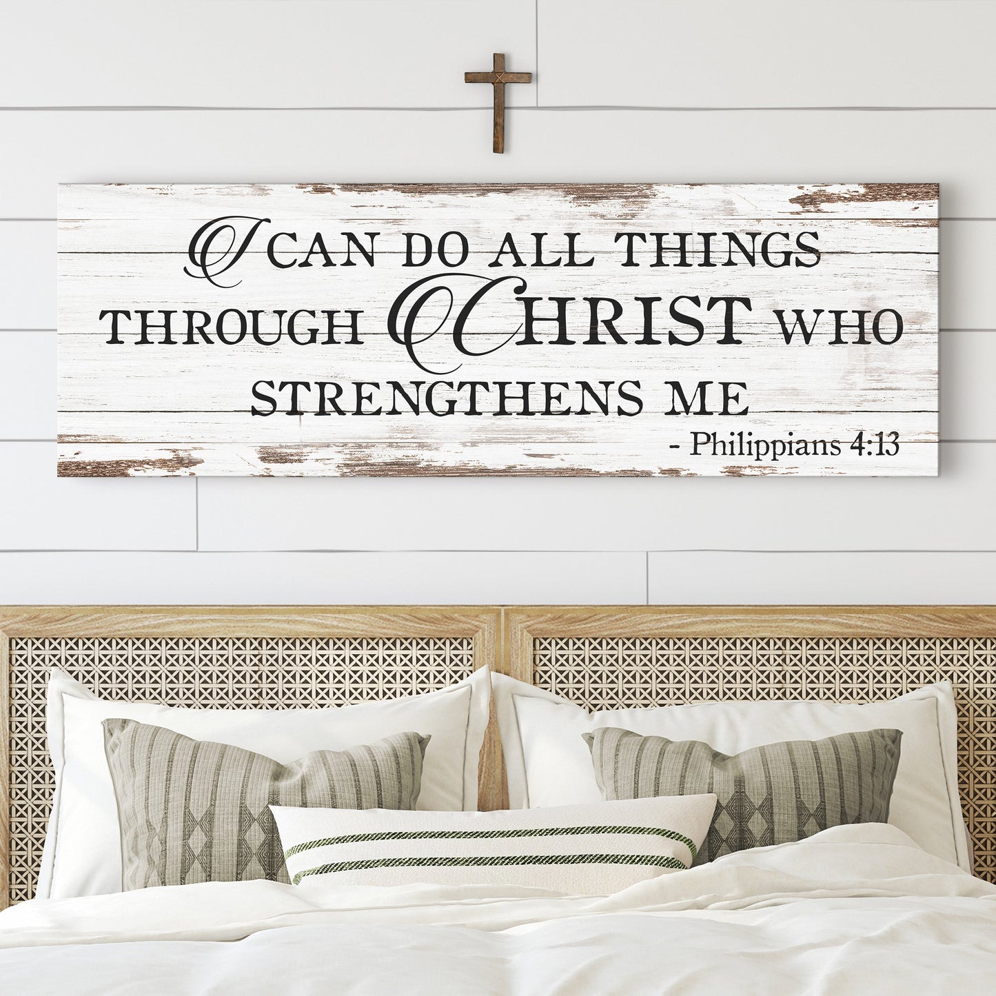 Canvas faith sign by Tailored Canvases with white wood backdrop and Philippians 4:13 scripture on Tampa Home & Garden Store