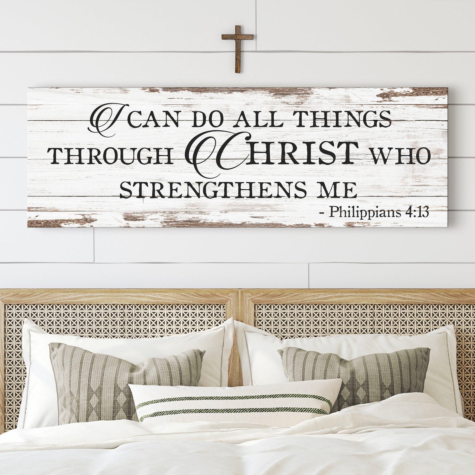 Canvas faith sign by Tailored Canvases with white wood backdrop and Philippians 4:13 scripture on Tampa Home & Garden Store