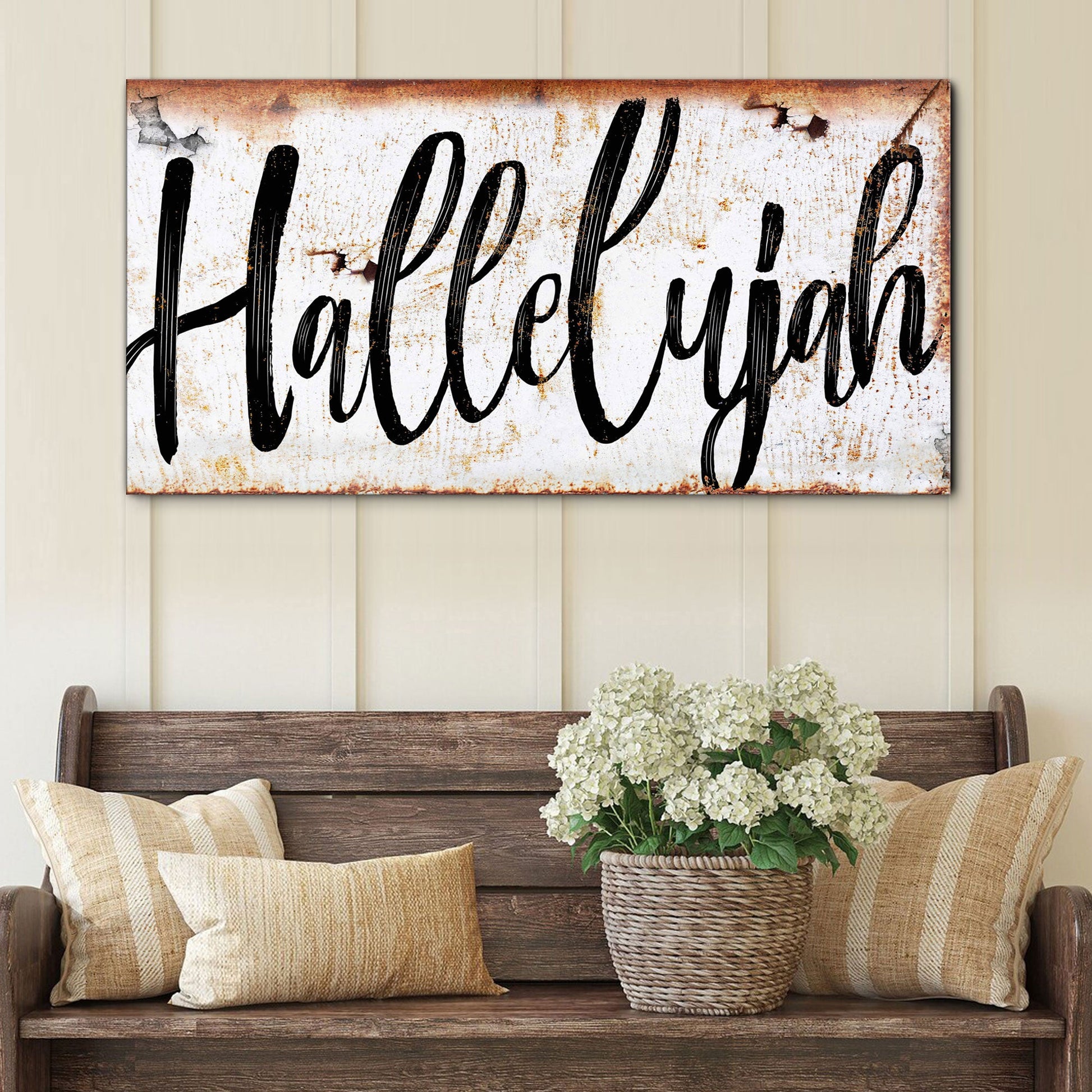 Canvas Rustic Hallelujah Faith Sign by Tailored Canvases, distressed white with black script on Tampa Home & Garden Store