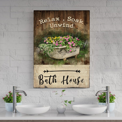 Relax Soak Unwind Sign VII canvas by Tailored Canvases, rustic wood panel art with flowers on Tampa Home & Garden Store