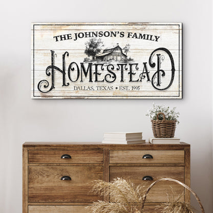 Vintage farmhouse homestead sign canvas with distressed wood backdrop and bold black script on Tampa Home & Garden Store