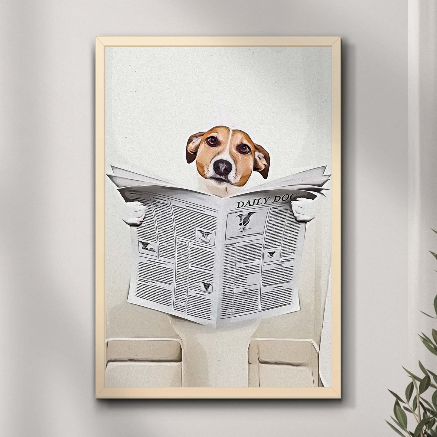 Dog Reading Newspaper Portrait Canvas by Tailored Canvases, beige framed wall art on Tampa Home & Garden Store