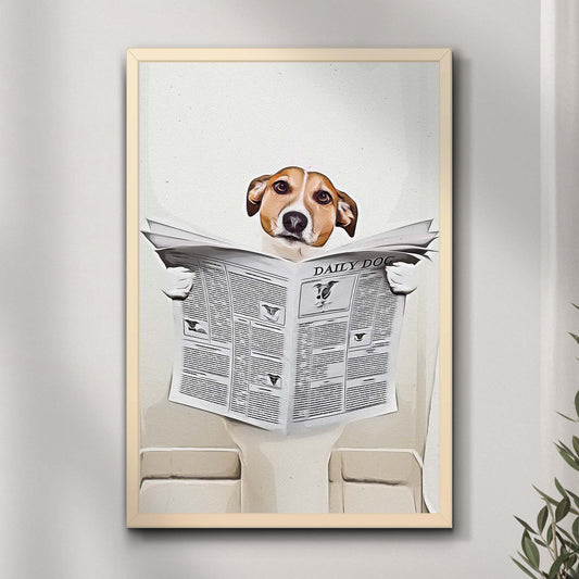 Dog Reading Newspaper Portrait Canvas by Tailored Canvases, beige framed wall art on Tampa Home & Garden Store