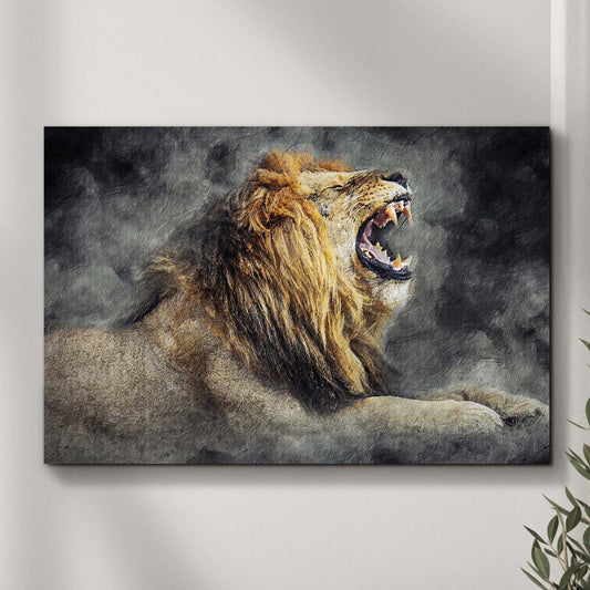 Lion Yawn Canvas wall art by Tailored Canvases, roaring lion on textured dark canvas on Tampa Home & Garden Store