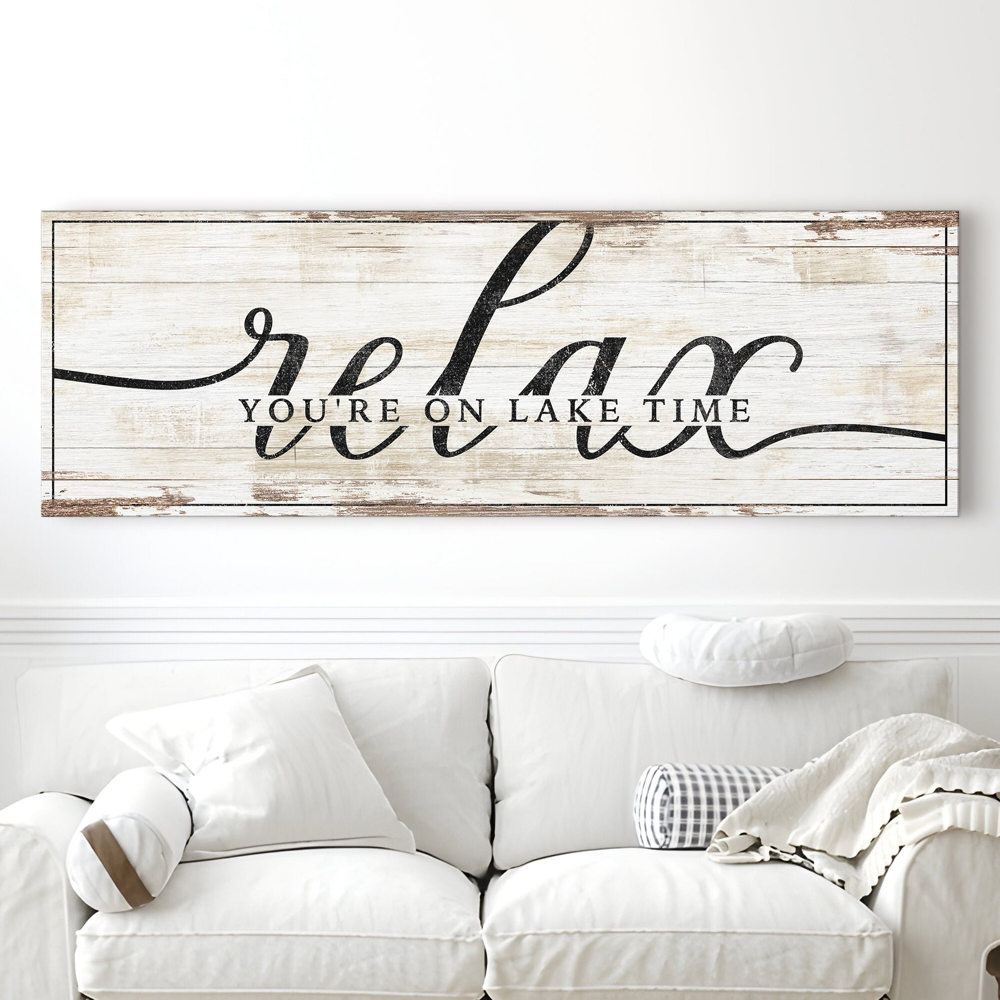 Relax You're on Lake Time Sign II canvas weathered wood black script Tailored Canvases on Tampa Home & Garden Store