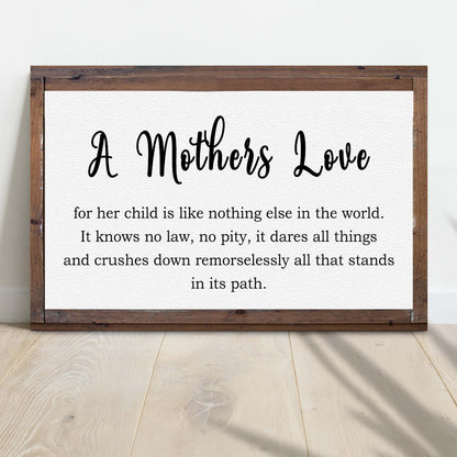 Canvas sign A Mother's Love in elegant script with a rustic wooden frame on Tampa Home & Garden Store