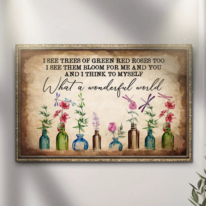 What A Wonderful World Sign X canvas by Tailored Canvases with florals in vintage frame on Tampa Home & Garden Store