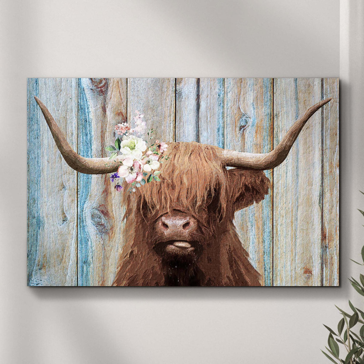 Highland Cow Rustic Canvas Wall Art with floral garland on blue wood background on Tampa Home & Garden Store