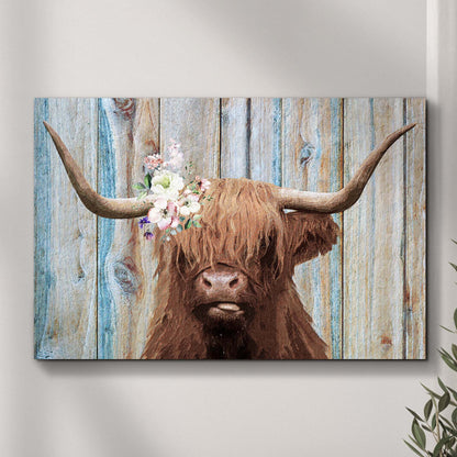 Highland Cow Rustic Canvas Wall Art with floral garland on blue wood background on Tampa Home & Garden Store