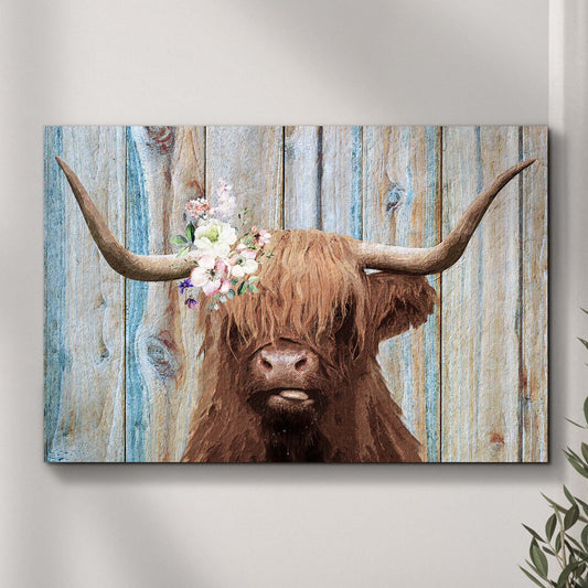 Highland Cow Rustic Canvas Wall Art with floral garland on blue wood background on Tampa Home & Garden Store