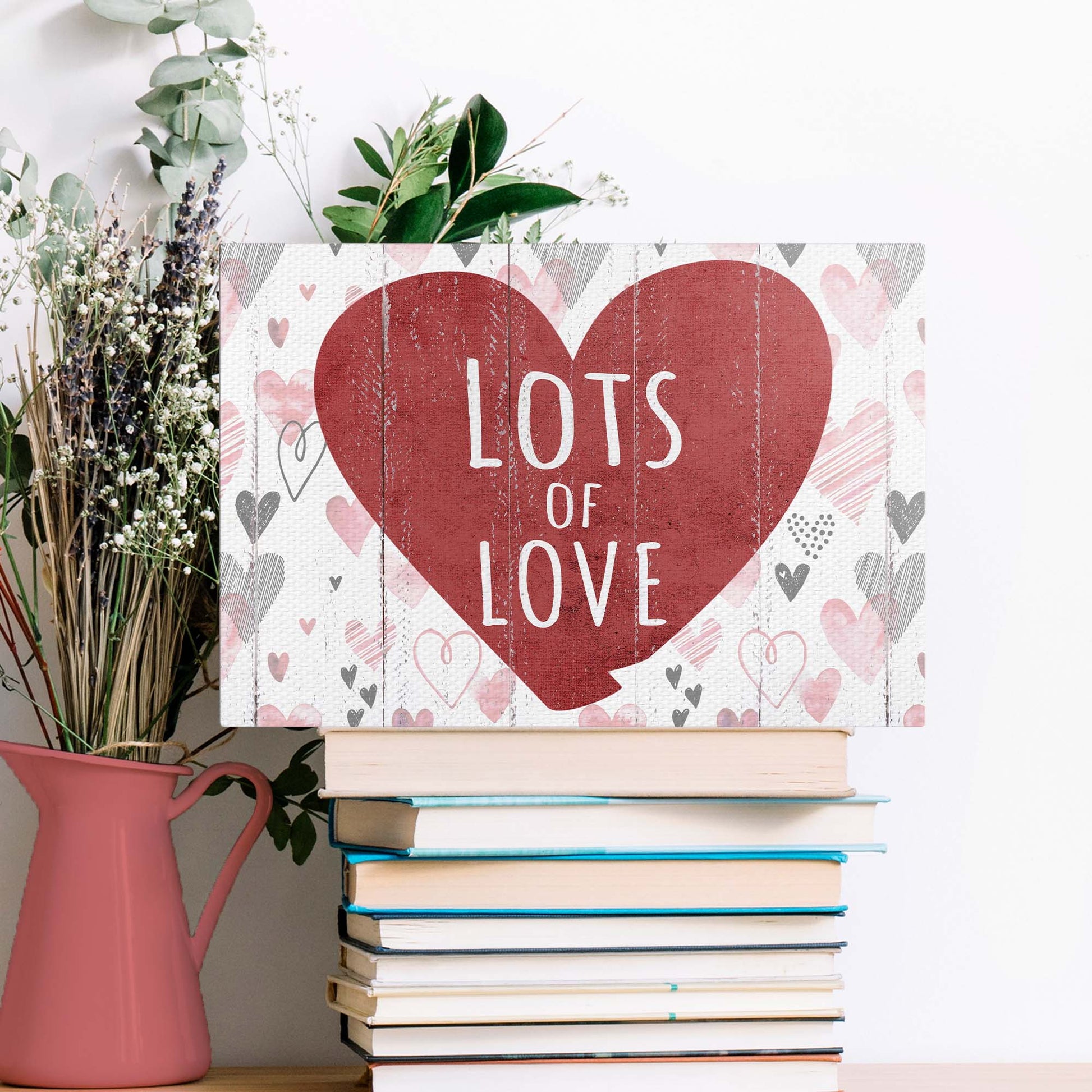 Valentine Lots Of Love sign canvas Tailored Canvases; red heart on distressed wood panel on Tampa Home & Garden Store