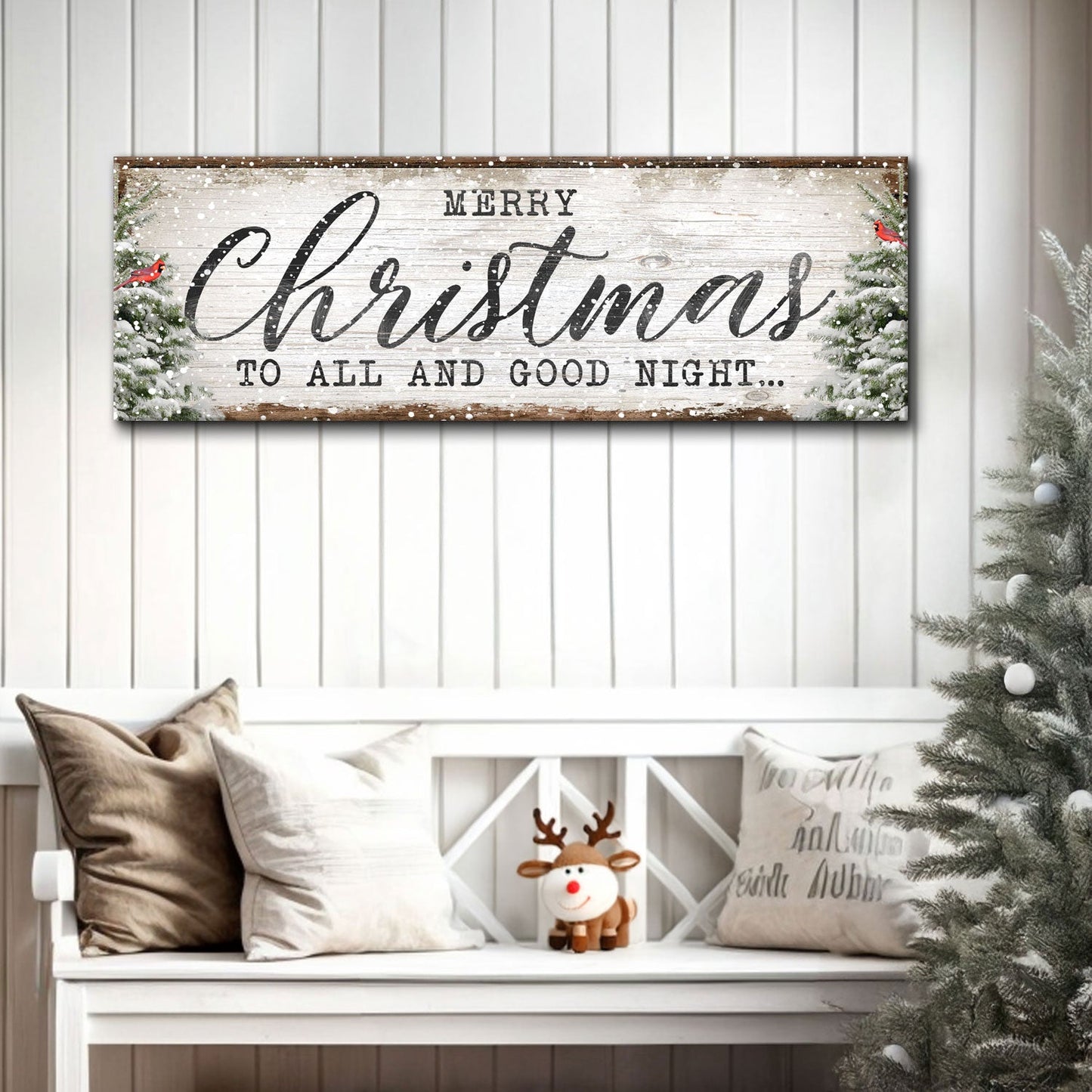Canvas sign Merry Christmas to All and Good Night with rustic wood and pines Tailored on Tampa Home & Garden Store