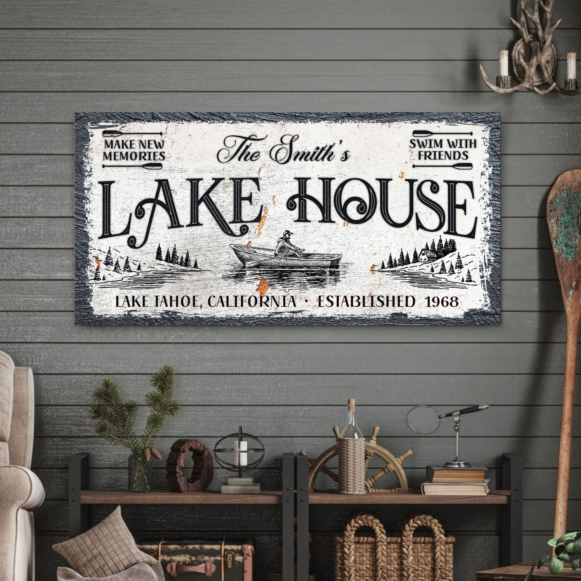 Lake House Sign IX canvas with distressed white panel and boat scene on gray wall on Tampa Home & Garden Store