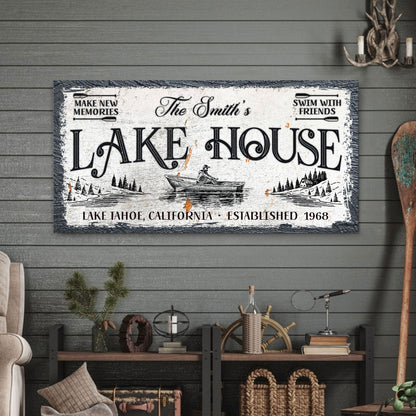 Lake House Sign IX canvas with distressed white panel and boat scene on gray wall on Tampa Home & Garden Store