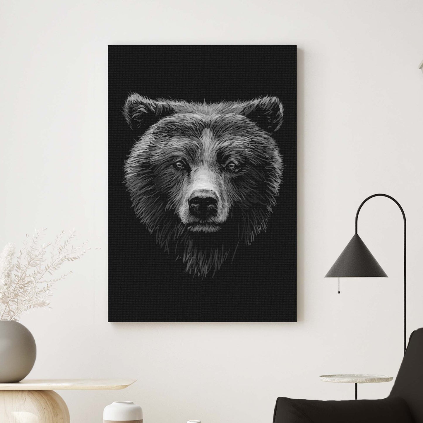 Animals Forest Bear Monochrome Canvas Wall Art with black canvas and grayscale fur details on Tampa Home & Garden Store