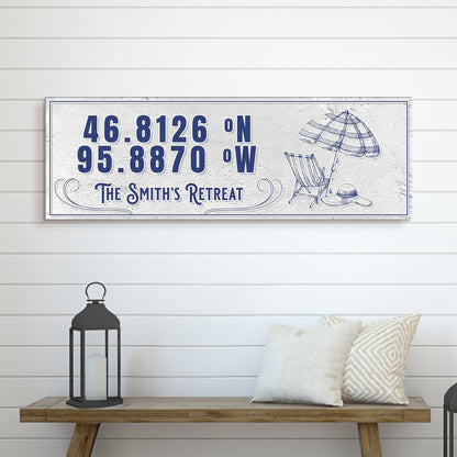 House Retreat Coordinates Sign canvas Tailored Canvases blue 46.8126 N 95.8870 W beach chair illustration on Tampa Home & Garden Store