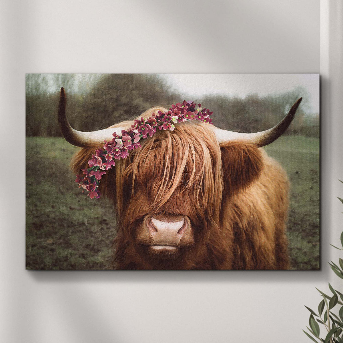 Retro Floral Crown Highland Cow canvas wall art by Tailored Canvases with pink flower crown on Tampa Home & Garden Store