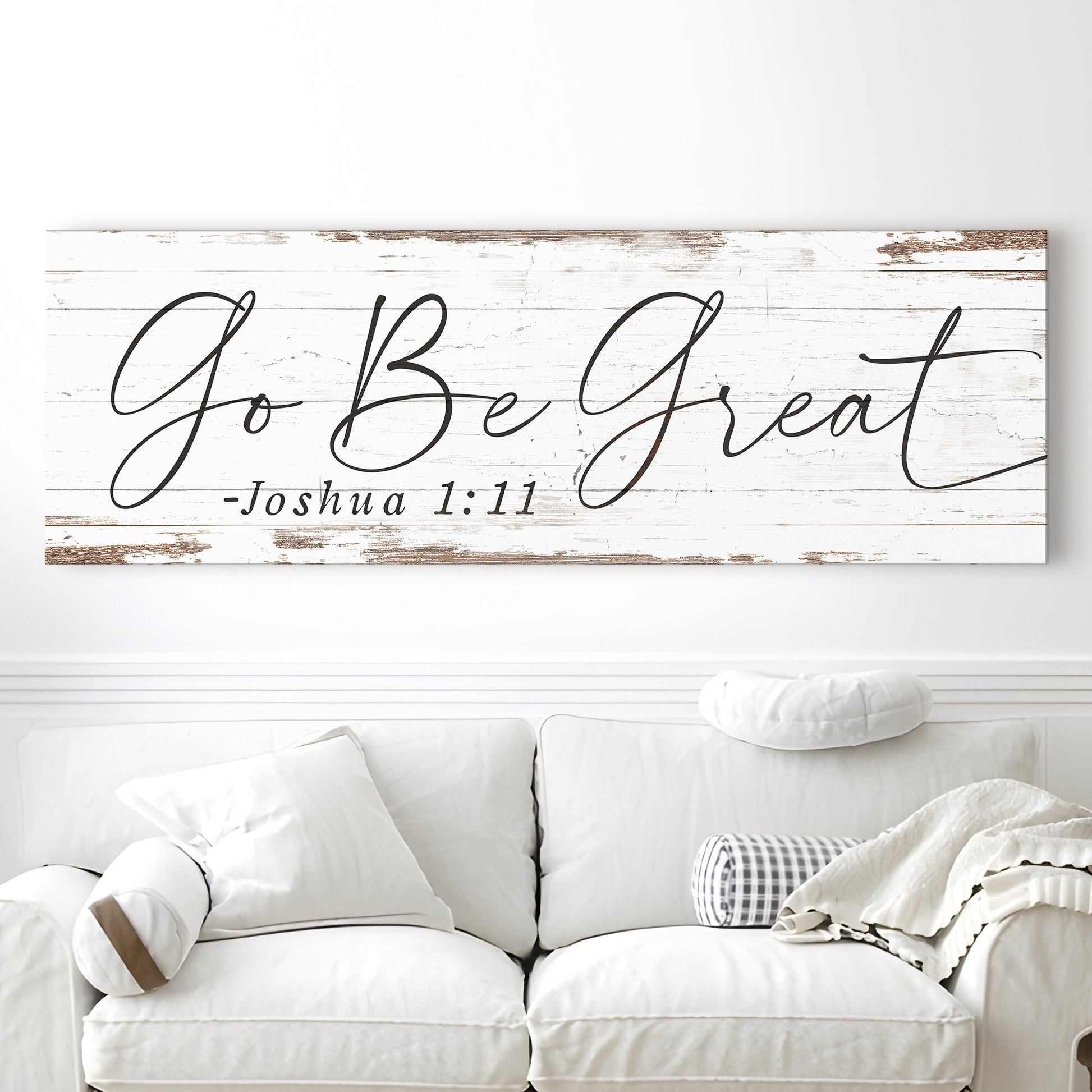 Canvas sign Go Be Great Joshua 1:9 Faith Sign III with black script on white wood on Tampa Home & Garden Store
