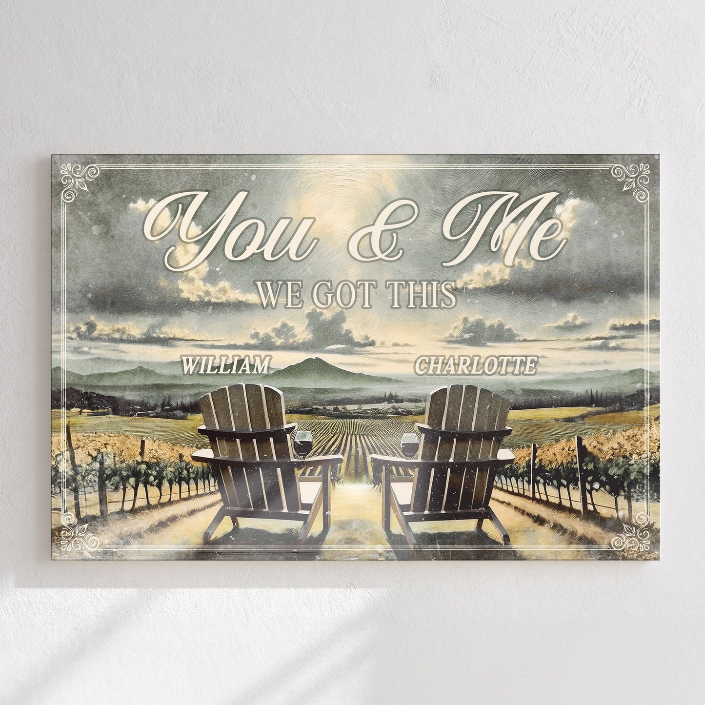 Tailored Canvases canvas sign Vineyard You and Me We Got This; two chairs by vineyard on Tampa Home & Garden Store