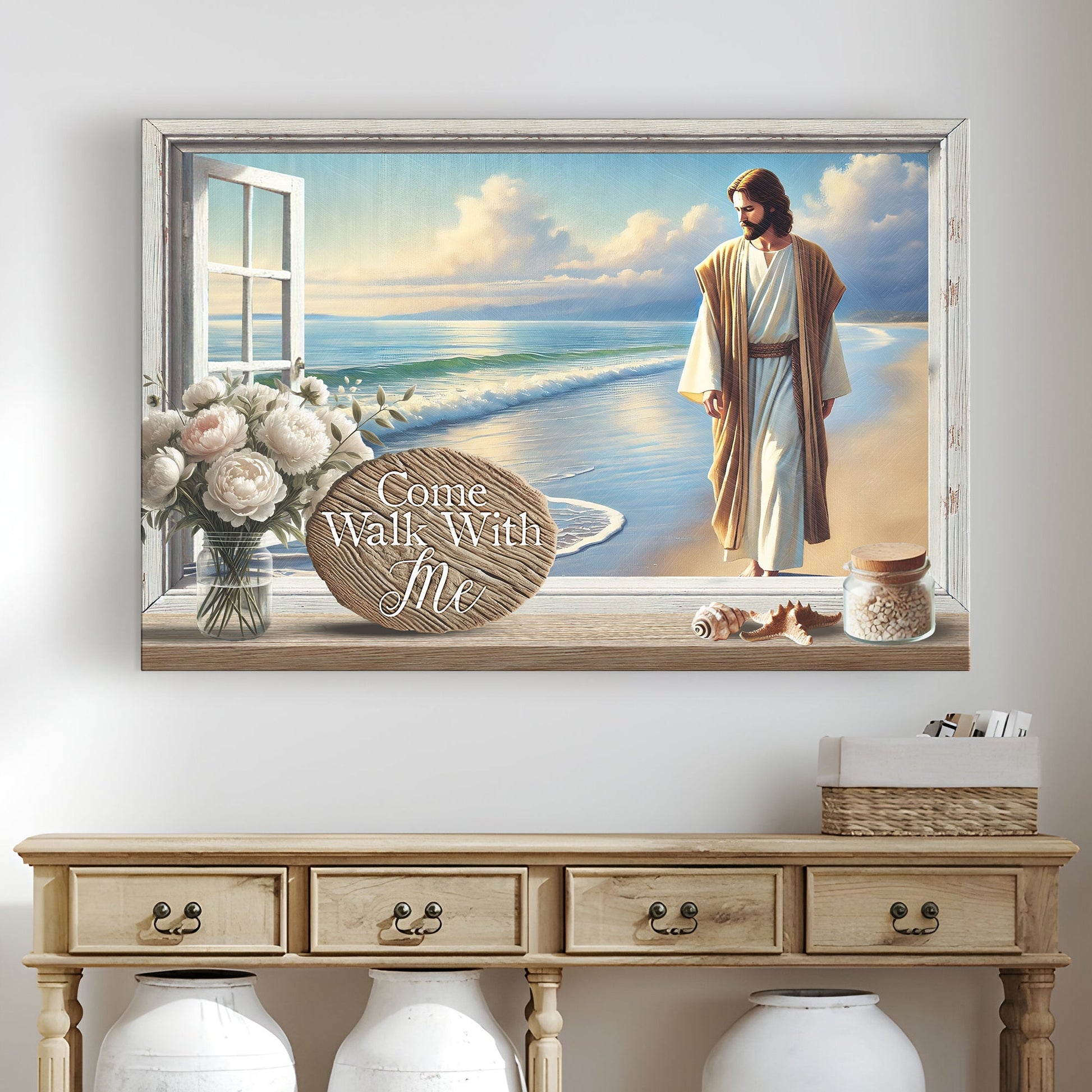 Come Walk With Me Faith Sign III canvas by Tailored Canvases in a white frame with a beach scene on Tampa Home & Garden Store