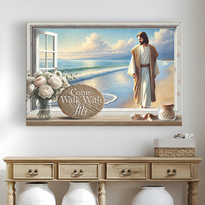 Come Walk With Me Faith Sign III canvas by Tailored Canvases in a white frame with a beach scene on Tampa Home & Garden Store
