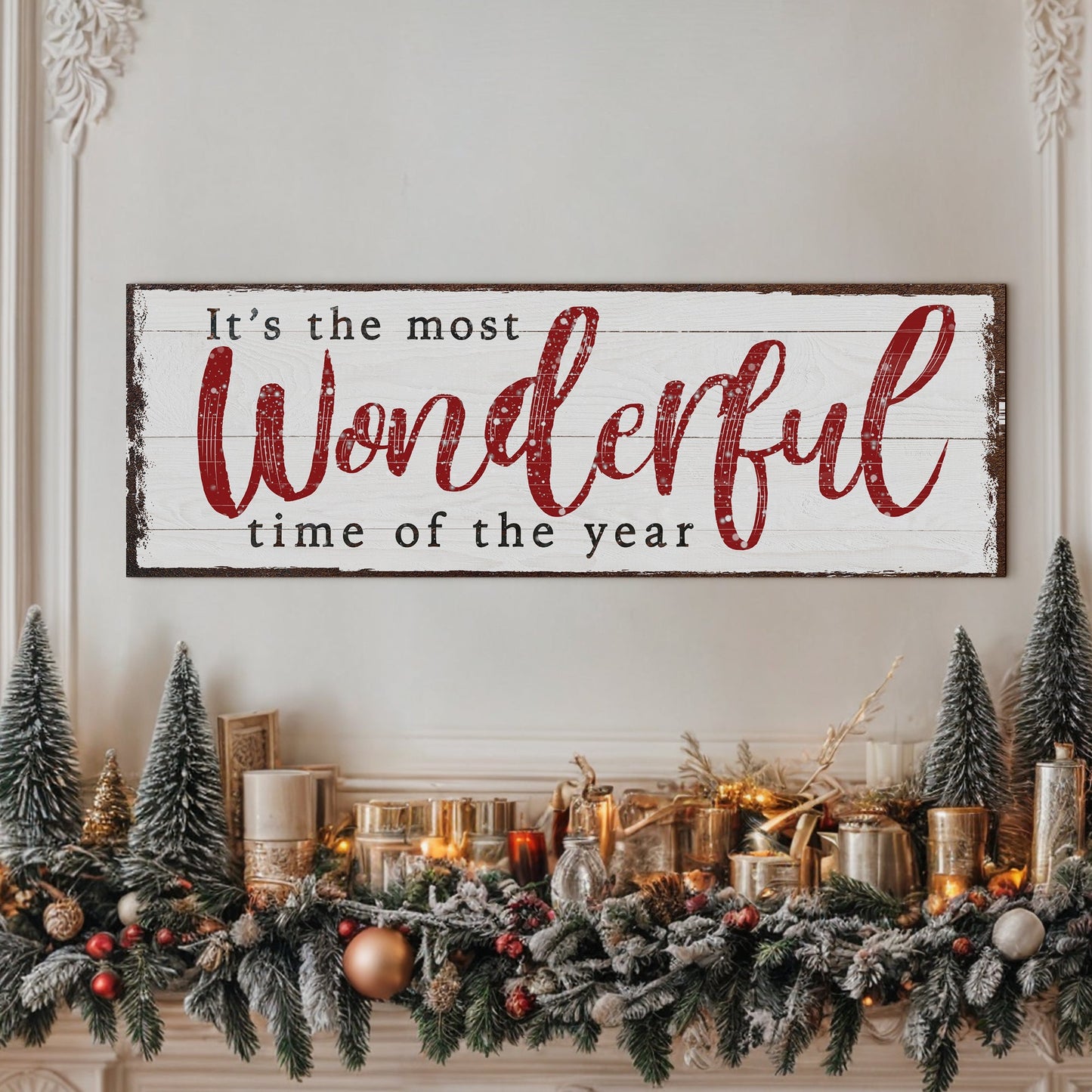 It's the most wonderful time Christmas Sign canvas by Tailored Canvases on white distressed wood on Tampa Home & Garden Store