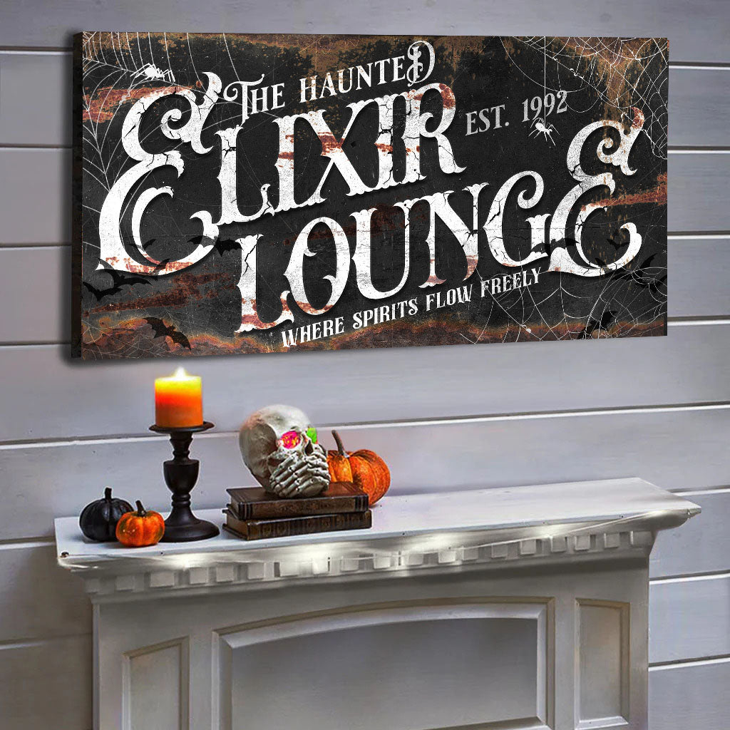 The Haunted Elixir Lounge Halloween Sign III canvas by Tailored Canvases distressed black bg on Tampa Home & Garden Store