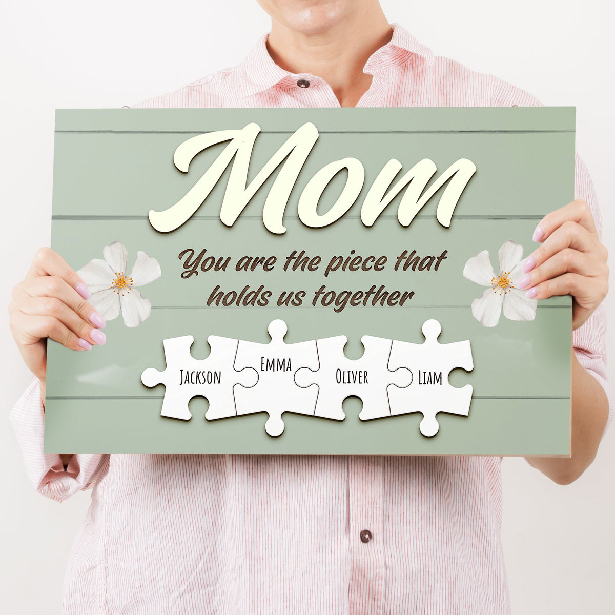 Mother's Day canvas sign sage green with cream Mom script by Tailored Canvases on Tampa Home & Garden Store