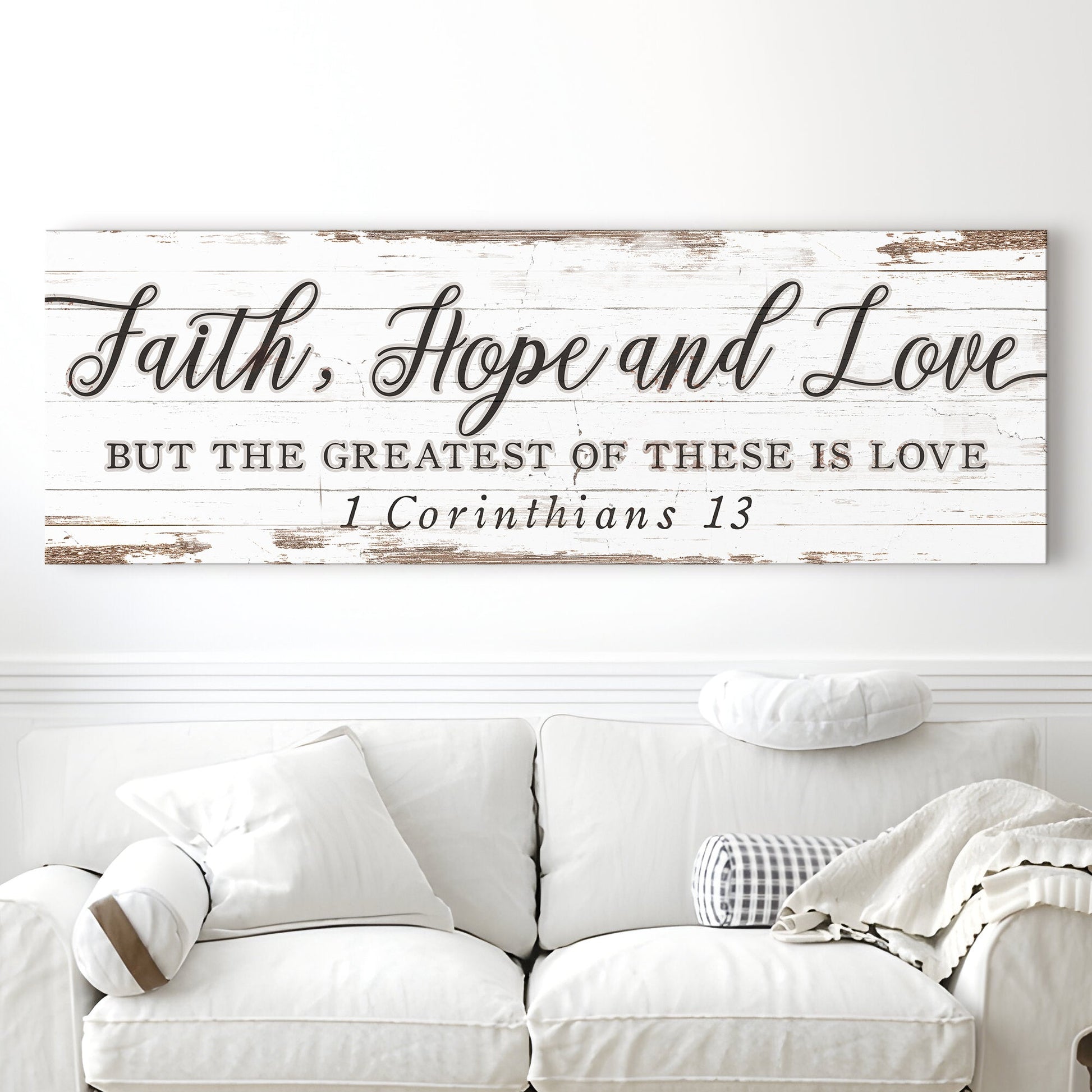 Faith Hope And Love canvas sign with rustic whitewashed wood 1 Corinthians 13 Tailored Canvases on Tampa Home & Garden Store