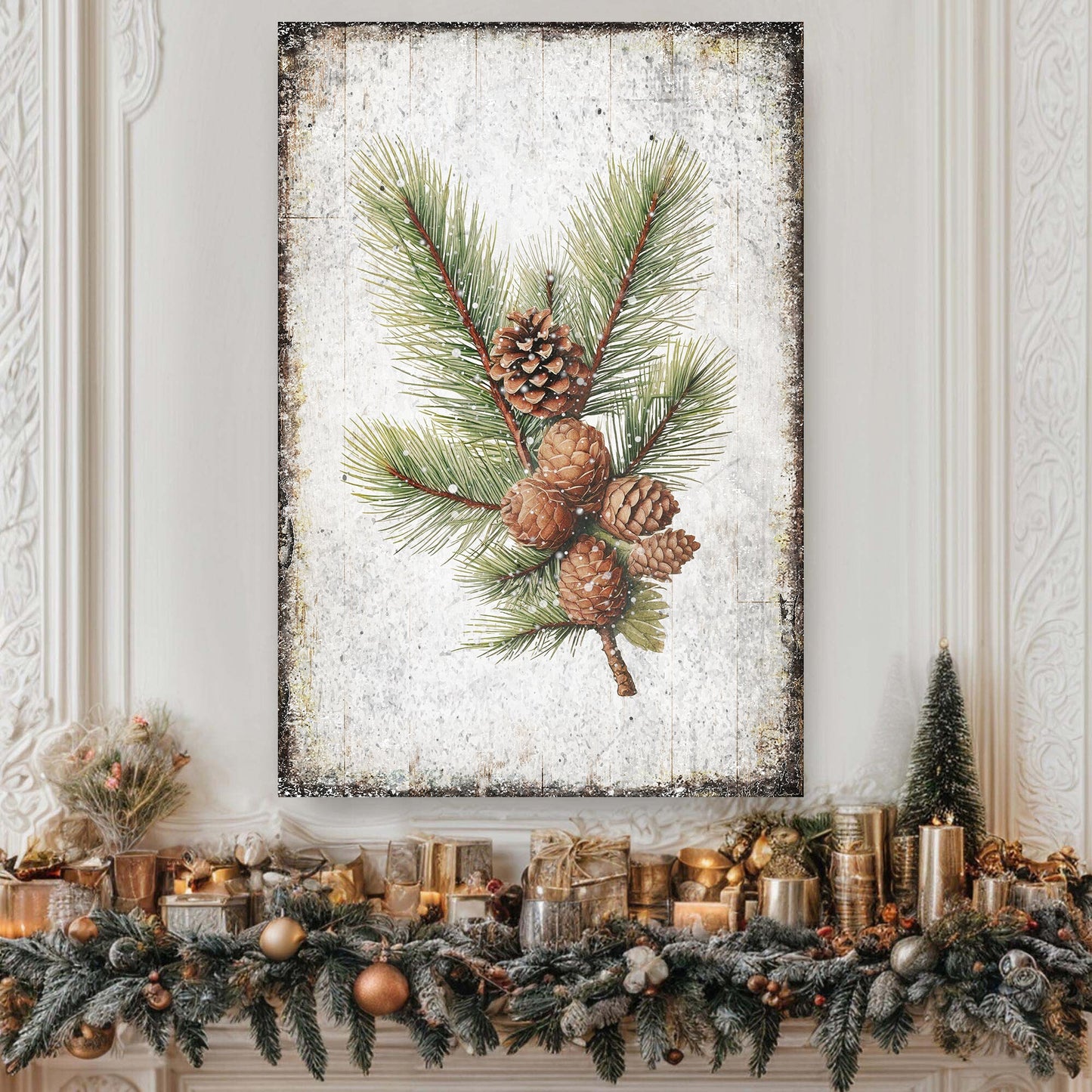 Vintage Winter Pine Cone Christmas Wall Art IV canvas with pine branches and cones on Tampa Home & Garden Store