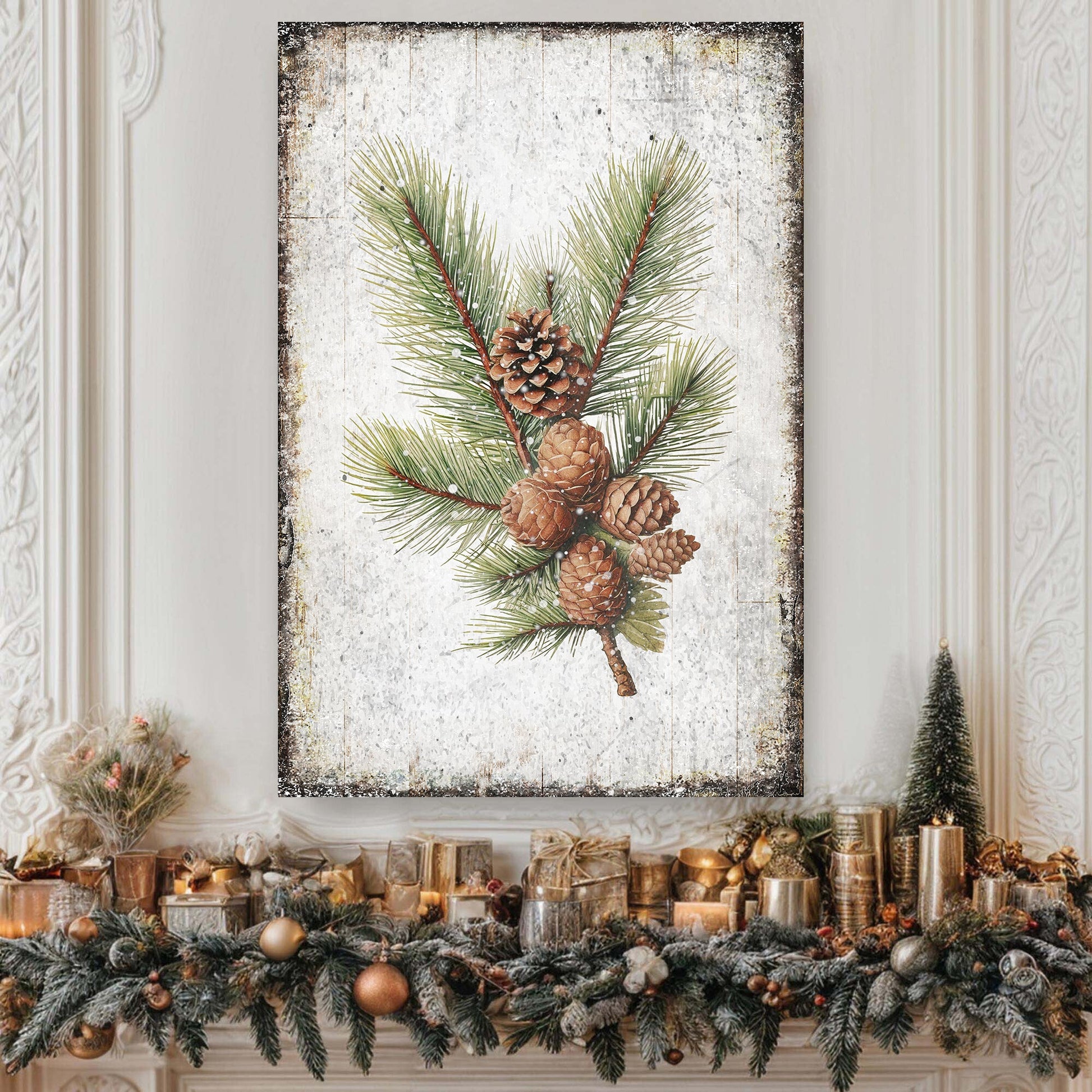 Vintage Winter Pine Cone Christmas Wall Art IV canvas with pine branches and cones on Tampa Home & Garden Store