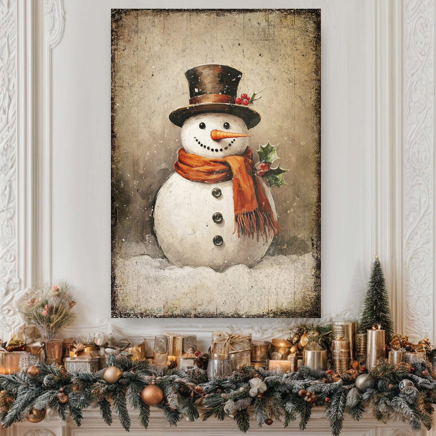 Canvas Vintage Snowman Wall Art IV Tailored Canvases with top-hat snowman and orange scarf on Tampa Home & Garden Store
