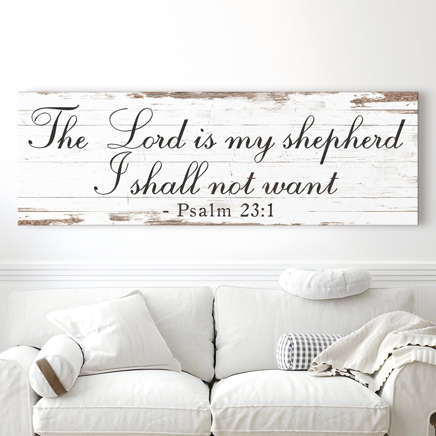 Canvas sign The Lord Is My Shepherd Psalm 23:1 Faith Sign II on distressed white wood background on Tampa Home & Garden Store