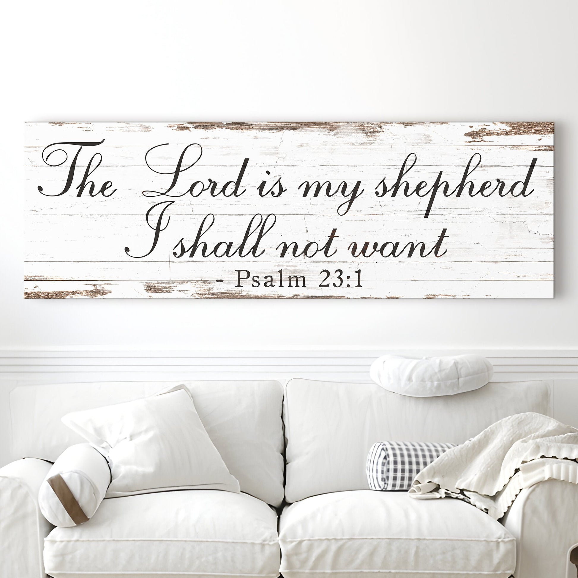 Canvas sign The Lord Is My Shepherd Psalm 23:1 Faith Sign II on distressed white wood background on Tampa Home & Garden Store