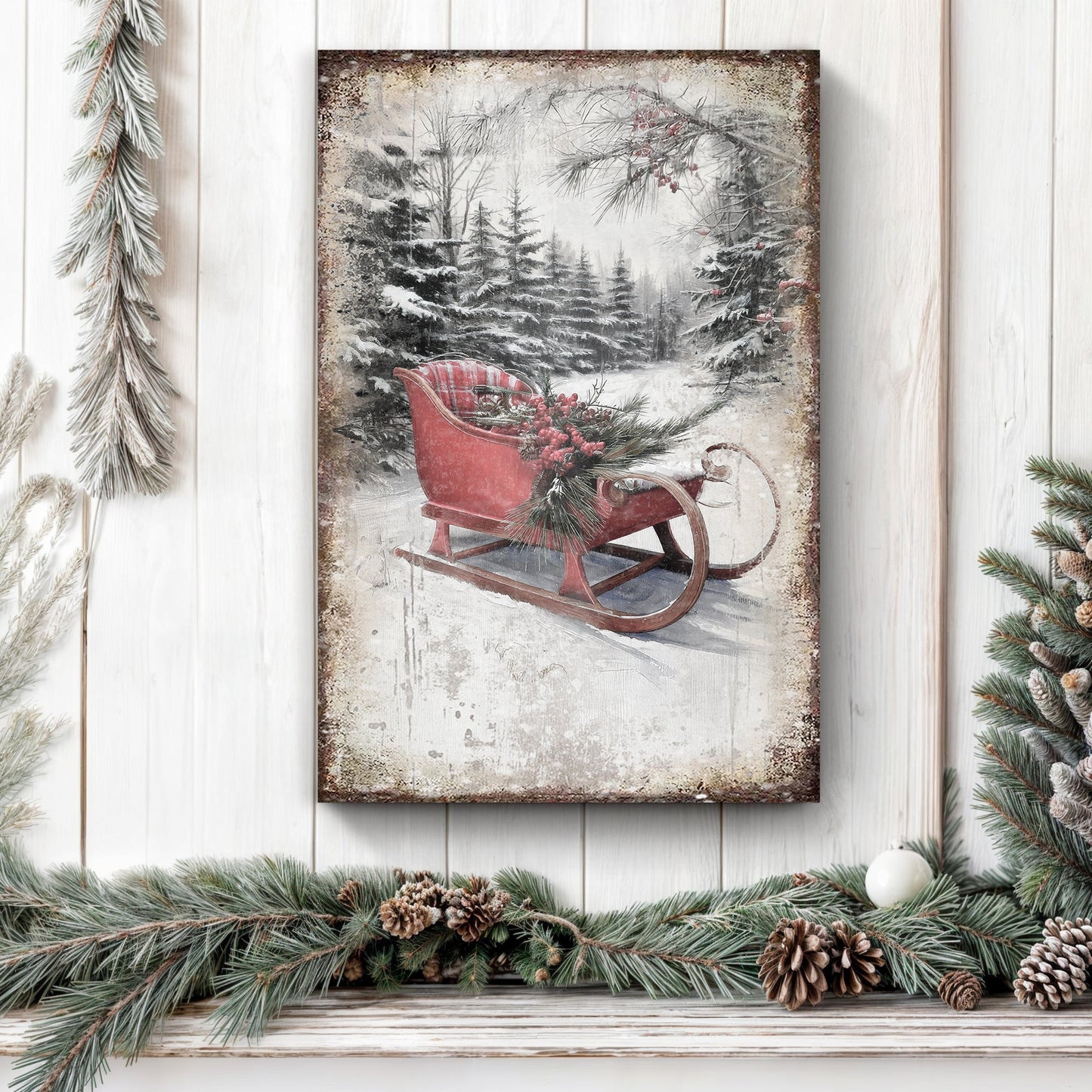 Vintage Christmas Sledge Wall Art canvas red sled Tailored Canvases on Tampa Home & Garden Store