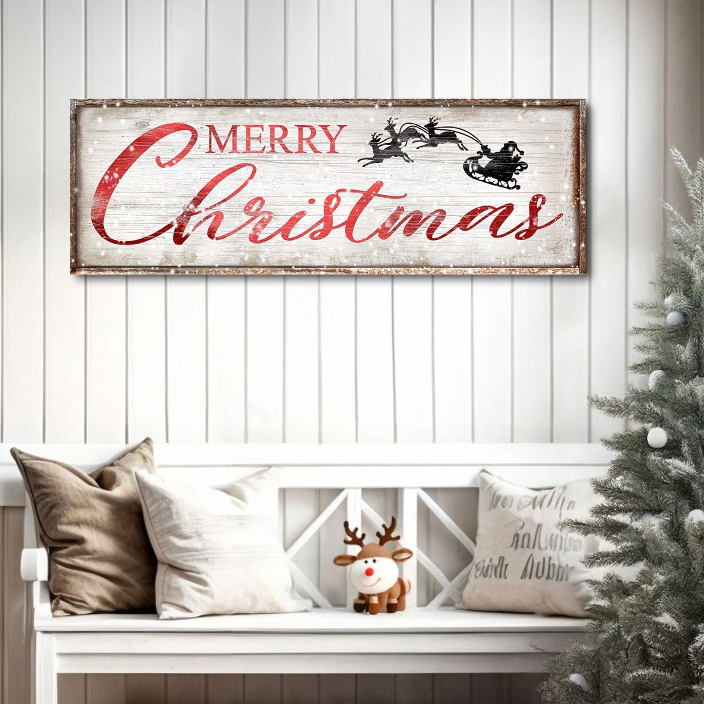 Vintage Merry Christmas canvas sign with red script on whitewashed wood by Tailored Canvases on Tampa Home & Garden Store