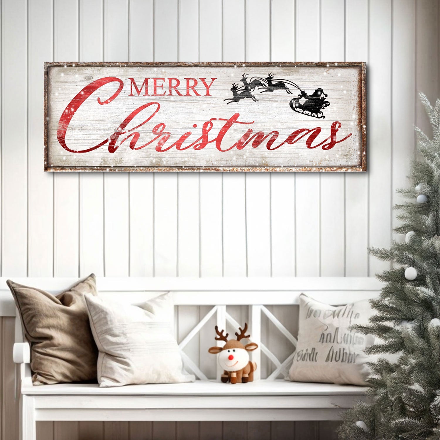 Vintage Merry Christmas canvas sign with red script on whitewashed wood by Tailored Canvases on Tampa Home & Garden Store