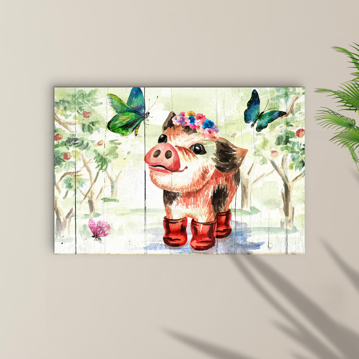 Cute Little Pig Canvas by Tailored Canvases; pig with flower crown and red boots on rustic wood on Tampa Home & Garden Store