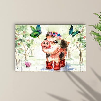 Cute Little Pig Canvas by Tailored Canvases; pig with flower crown and red boots on rustic wood on Tampa Home & Garden Store