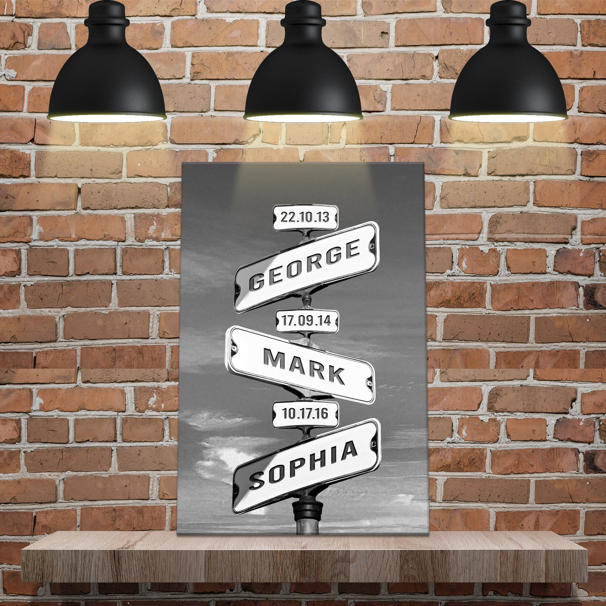 Family Names Road Sign canvas by Tailored Canvases with license plates under black lamps on Tampa Home & Garden Store