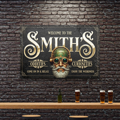 Personalized Family Steampunk Sign canvas with ornate gold text on black textured backdrop on Tampa Home & Garden Store