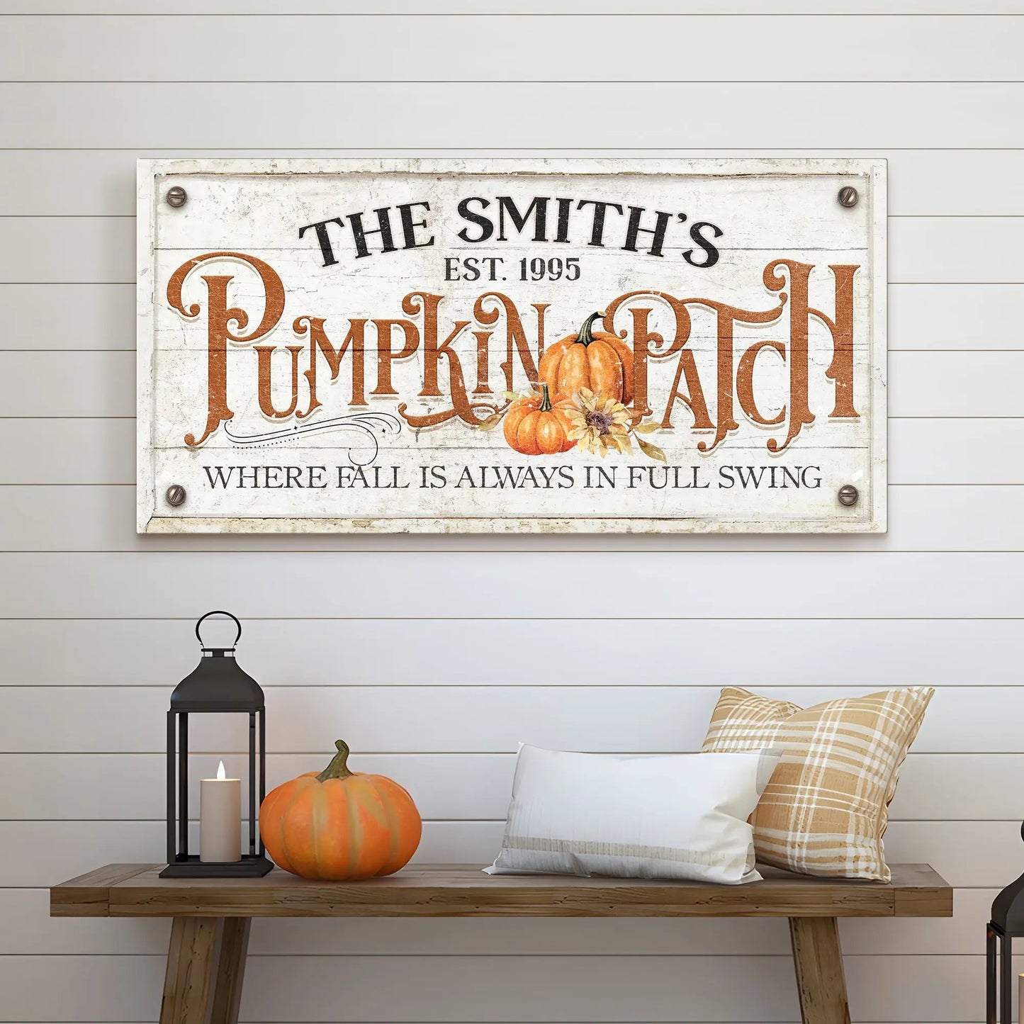 Canvas pumpkin patch sign with vintage orange typography and pumpkins on whitewashed board on Tampa Home & Garden Store