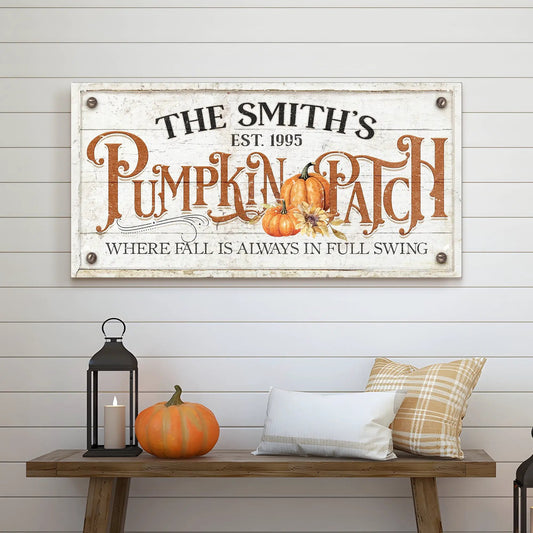 Canvas pumpkin patch sign with vintage orange typography and pumpkins on whitewashed board on Tampa Home & Garden Store