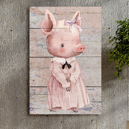 Simple Ribbon Dress Pig Canvas Wall Art, pastel pink pig with bow on rugged wood backdrop on Tampa Home & Garden Store