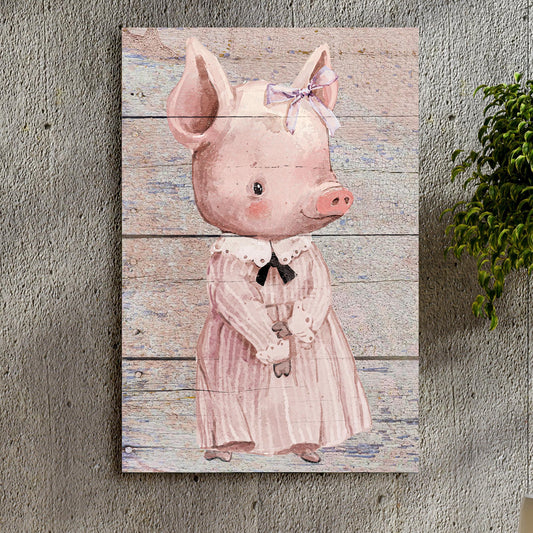 Simple Ribbon Dress Pig Canvas Wall Art, pastel pink pig with bow on rugged wood backdrop on Tampa Home & Garden Store