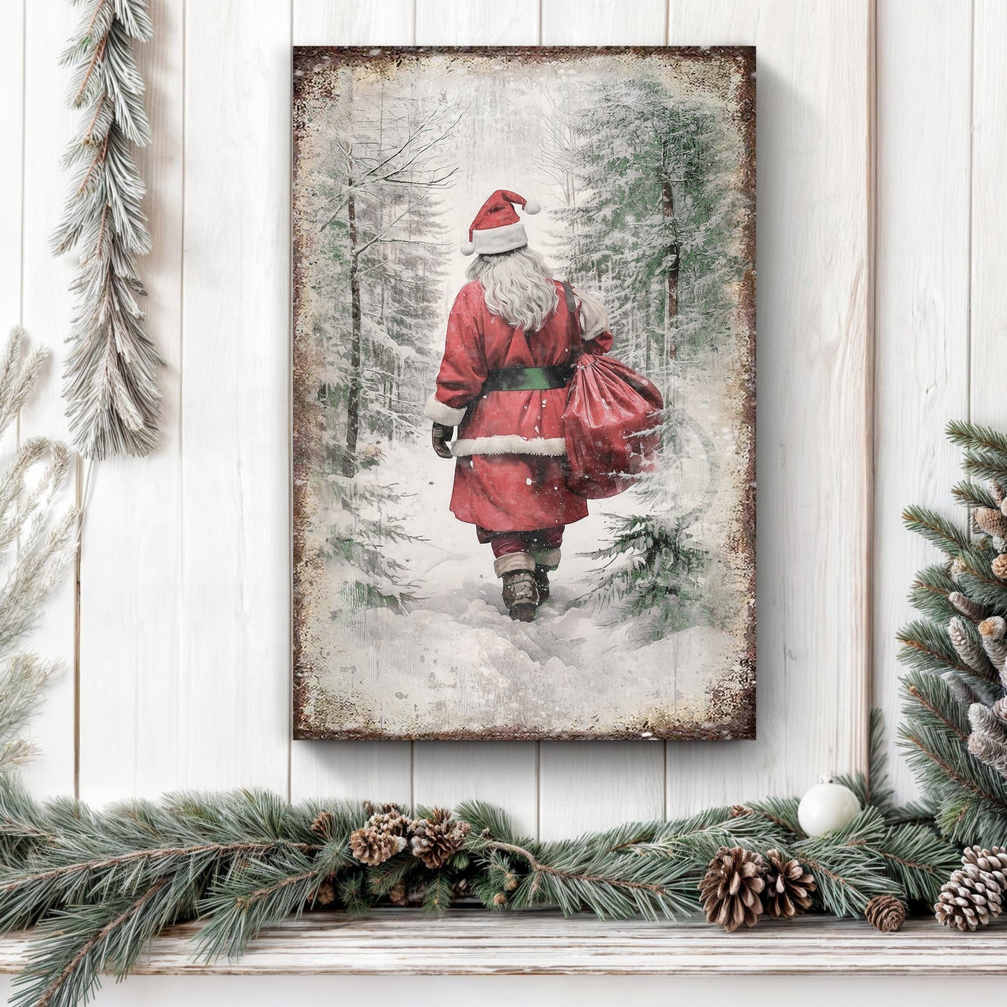 Canvas Vintage Christmas Santa Claus Wall Art V by Tailored Canvases, red Santa in snowy forest on Tampa Home & Garden Store