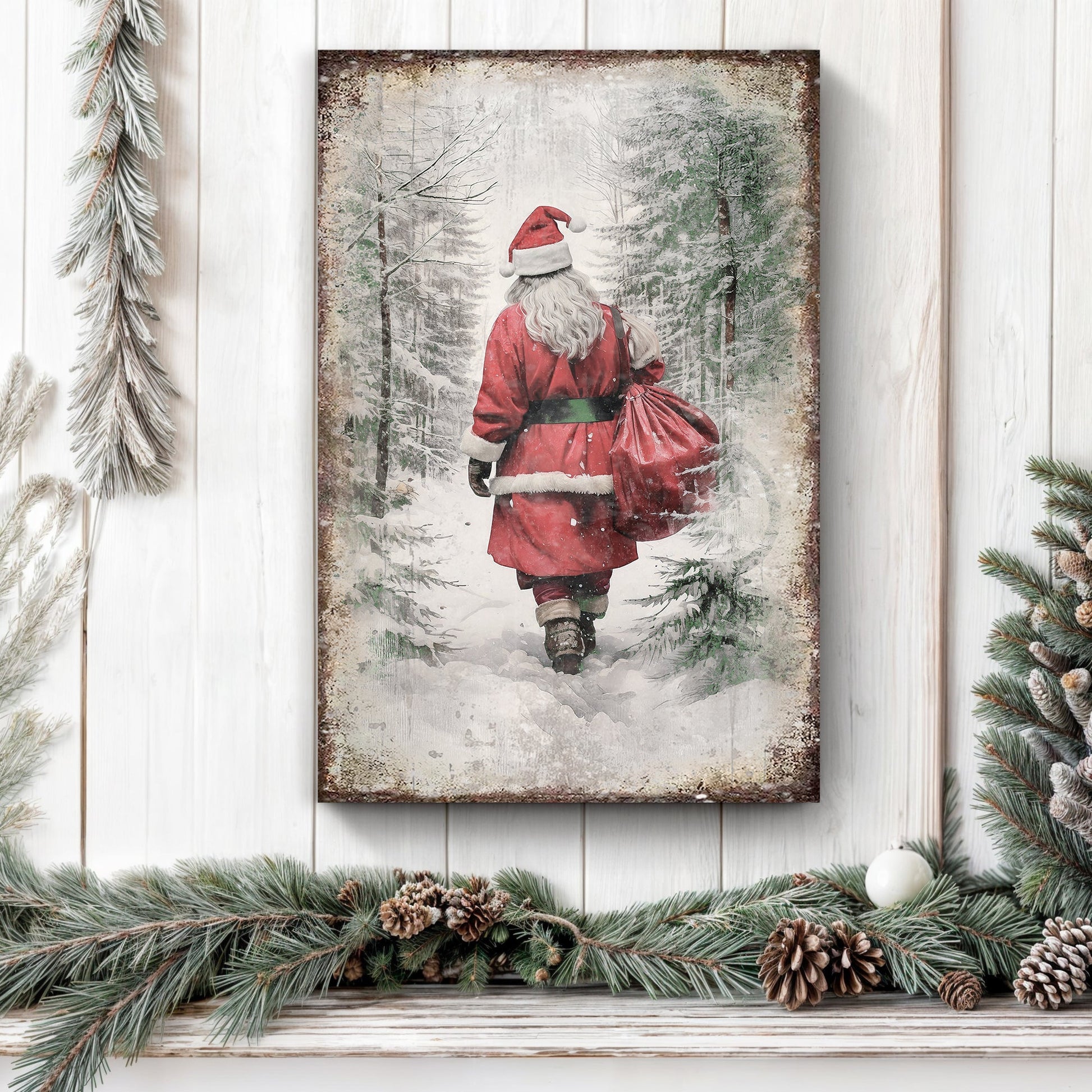 Canvas Vintage Christmas Santa Claus Wall Art V by Tailored Canvases, red Santa in snowy forest on Tampa Home & Garden Store