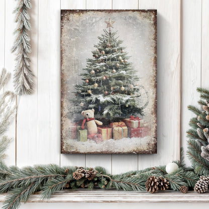 Vintage Christmas Tree With Gifts wall art canvas by Tailored Canvases, snowy tree and gifts on Tampa Home & Garden Store