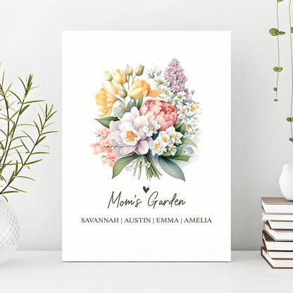 Canvas Mother's Day sign Mom's Garden by Tailored Canvases featuring colorful bouquet collage on Tampa Home & Garden Store