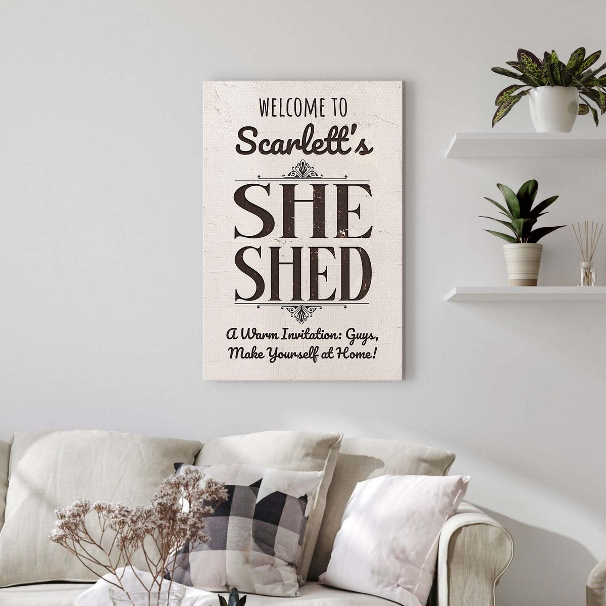 She Shed Sign canvas by Tailored Canvases with cream textured surface and black script text on Tampa Home & Garden Store